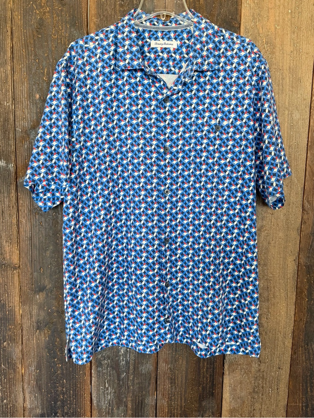 Tommy Bahama 💯 Silk Geometric Colorful Shirt Blue XL Vacation Summer Patriotic